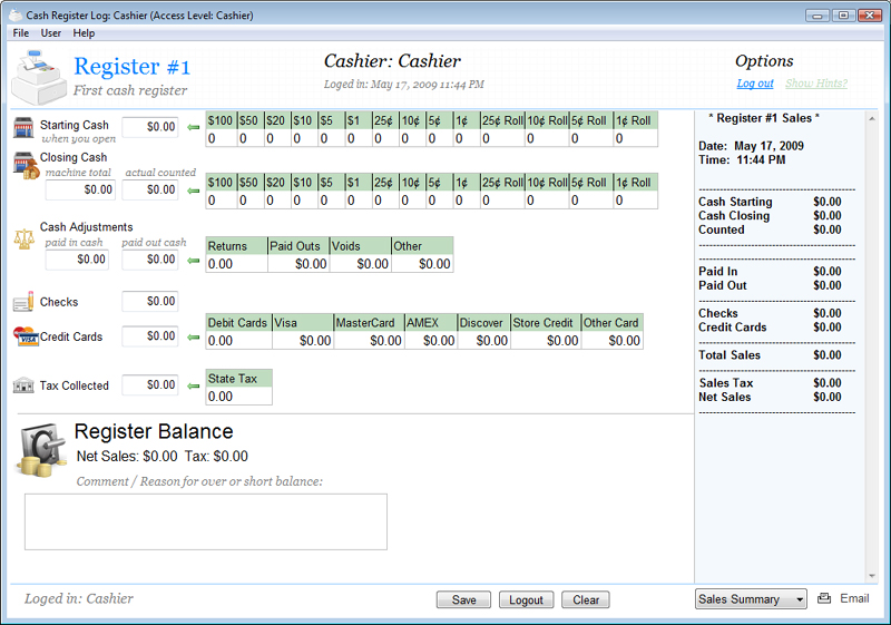 Cash Register Log screen shot